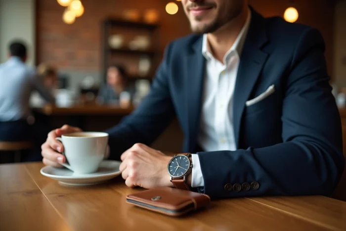 Homme en blazer marine au café avec montre à bracelet cuir vintage et porte-cartes en cuir sur une table en bois
