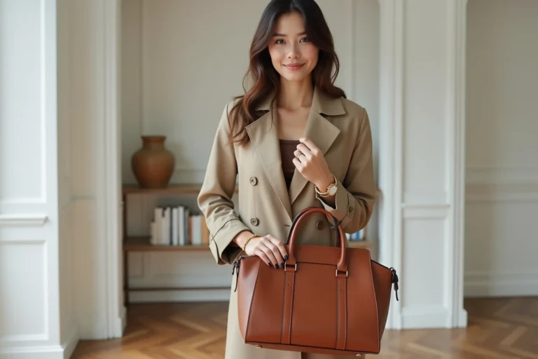 Femme élégante en imperméable beige tenant un sac en cuir cognac avec montre dorée et bracelets, dans un appartement parisien minimaliste