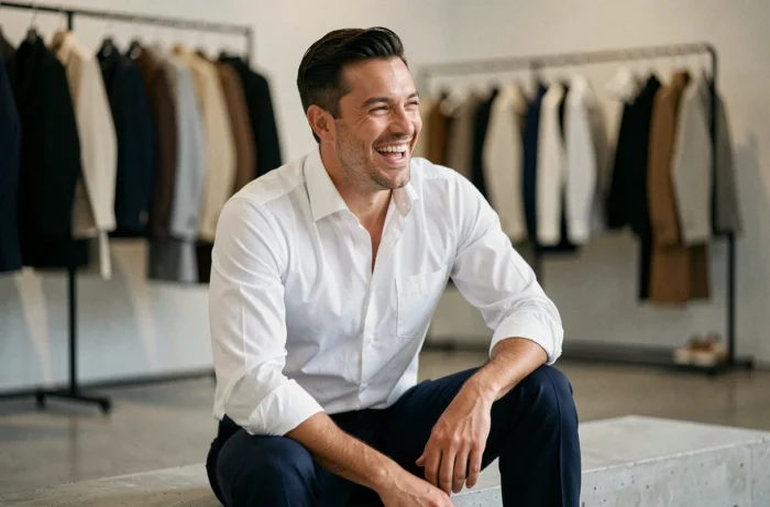 Ator masculino sorridente da campanha publicitária Zalando 2025 em um showroom de moda minimalista