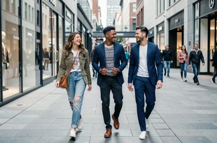 Trio de atores e atrizes da publicidade Zalando 2025 caminhando juntos em um boulevard comercial animado