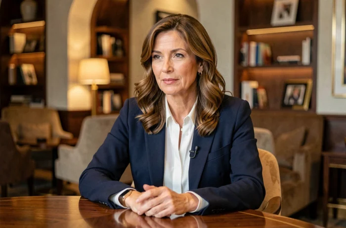 Actrice américaine élégante en blazer marine lors d'une interview presse dans un hôtel moderne, portrait trois quarts naturel