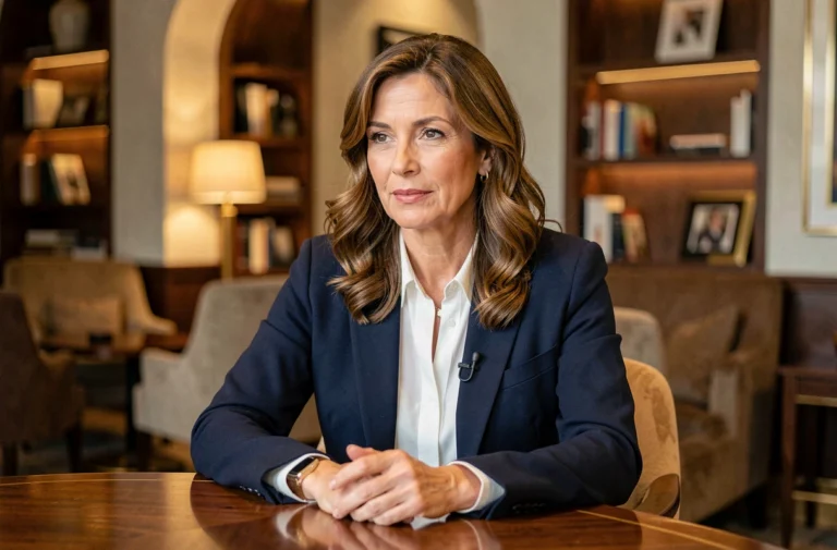 Actrice américaine élégante en blazer marine lors d'une interview presse dans un hôtel moderne, portrait trois quarts naturel