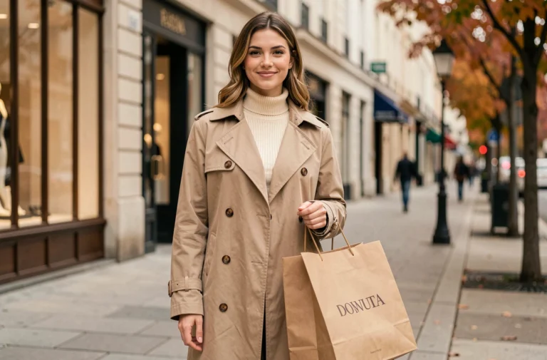 Actrice de publicité Zalando 2025 posant en manteau beige avec un sac shopping dans une rue européenne
