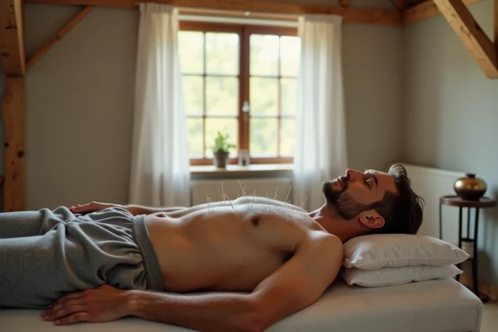 Homme allongé sur une table de soin avec des aiguilles d'acupuncture placées le long du dos pour soulager les tensions musculaires