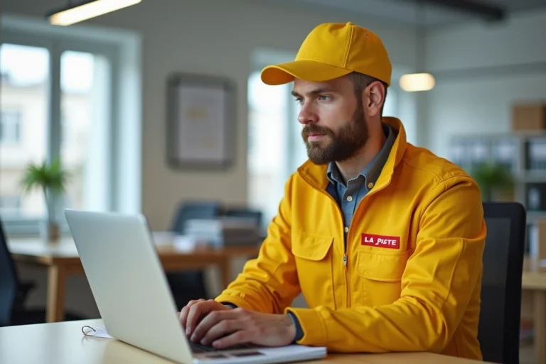 Agent La Poste en uniforme jaune consultant l'extranet GTA sur un ordinateur portable dans un bureau administratif