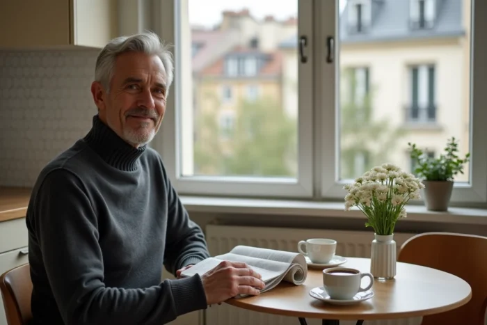 Homme mature attablé dans une cuisine parisienne lors d'un moment de vie intime au quotidien, évoquant la famille et les confidences d'Alain Bauer