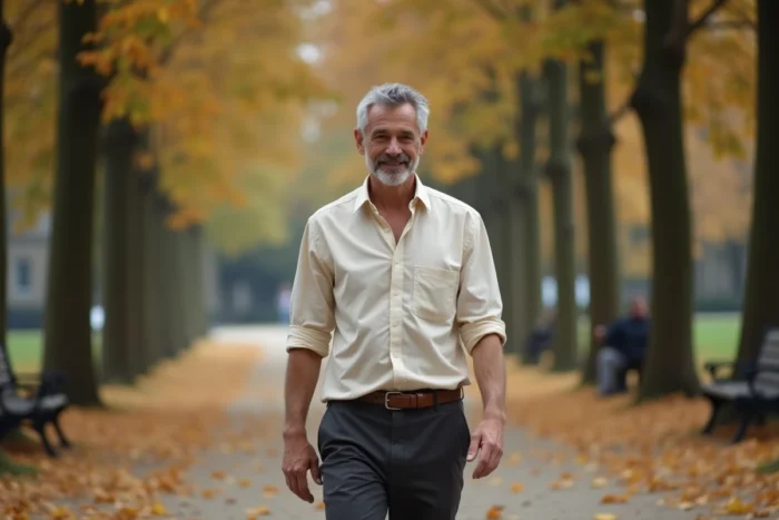 Homme distingué se promenant seul dans un parc parisien en automne, illustrant la vie personnelle et les moments privés d'Alain Bauer