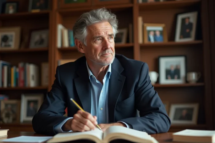 Portrait d'un intellectuel français dans son bureau privé entouré de livres, évoquant la vie intime et familiale d'Alain Bauer