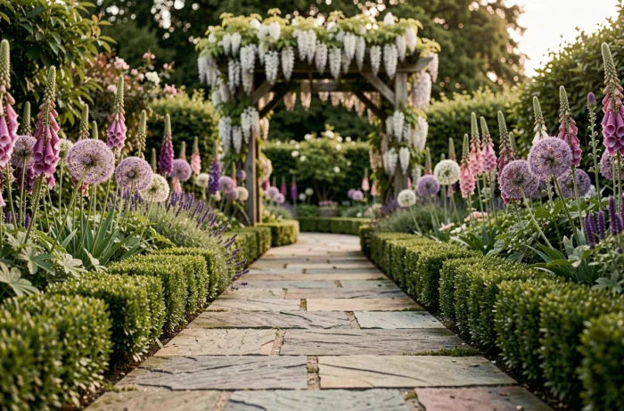 Tuinpad van onregelmatige stenen omzoomd door bloeiende planten leidend naar een houten pergola bedekt met witte wisteria