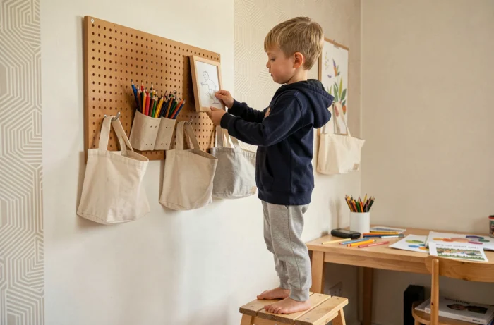 Garçon arrangeant des décorations murales créatives dans sa chambre avec un bureau d'activités artistiques