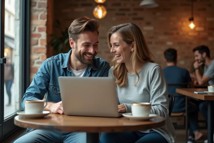 Deux amis regardant un site de streaming de films français ensemble dans un café en 2026