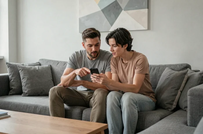 Deux amis cherchant discrètement à voir un profil bloqué sur les réseaux sociaux depuis un canapé