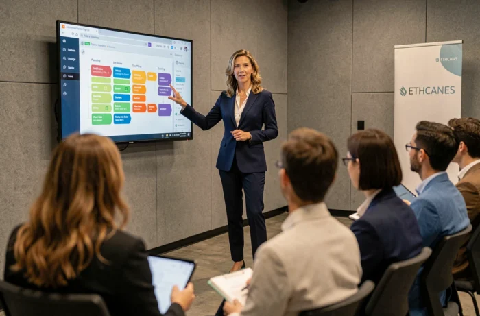 Professional presenter leading an event planning workshop with a collaborative tool projected on screen
