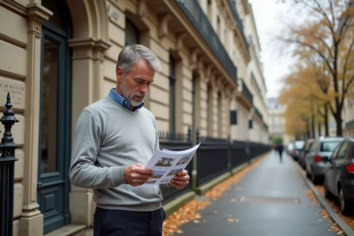 Homme examinant une annonce immobilière devant un immeuble haussmannien à Paris