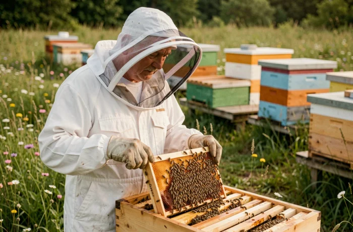 Apiculteur en combinaison blanche inspectant un cadre de ruche Langstroth dans un rucher fleuri bien organisé
