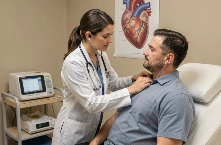 Cardiologue femme ausculant un patient avec un stéthoscope dans un cabinet médical moderne