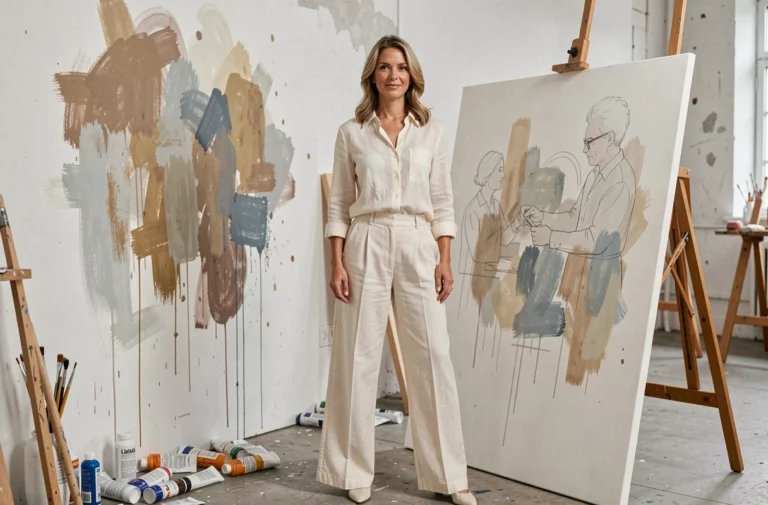 Béatrice Vonderweidt, ancienne mannequin devenue artiste peintre, posant dans son atelier parisien devant ses toiles abstraites