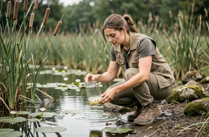 Biologiste de terrain collectant des œufs de grenouille dans un étang pour étudier la reproduction sexuée des amphibiens en milieu naturel