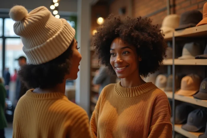 Femme aux boucles afro serrées essayant un bonnet en coton doux dans une boutique de chapeaux en bois et brique, examinant son reflet dans un miroir