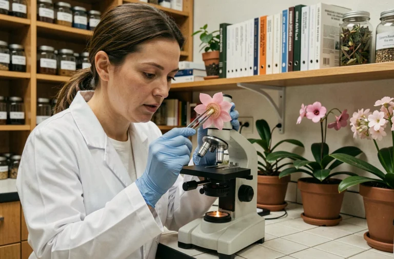 Botaniste examinant une coupe transversale de fleur au microscope dans un laboratoire universitaire, illustrant la reproduction sexuée des plantes