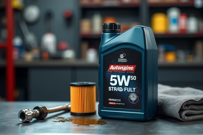 Bouteille d'huile moteur 5W-50 posée sur un établi d'atelier avec filtre à huile et outils mécaniques