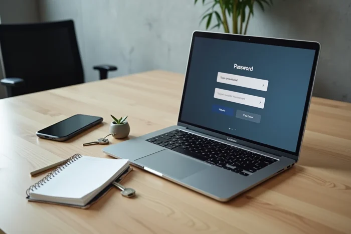 Bureau minimaliste avec ordinateur portable et smartphone affichant des interfaces de coffre-fort de mots de passe et un carnet de notes