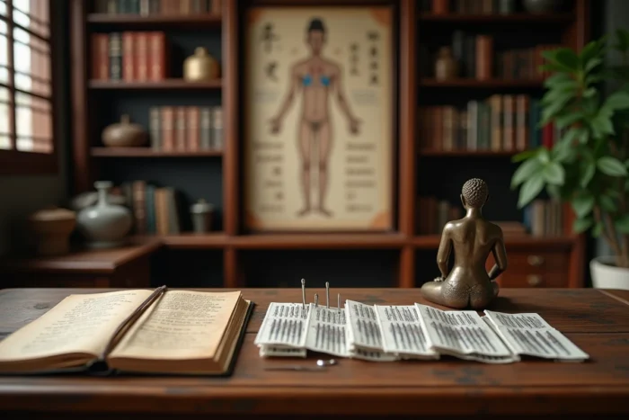 Bureau de médecine traditionnelle chinoise avec modèle anatomique de points d'acupuncture, aiguilles stériles et carte des méridiens
