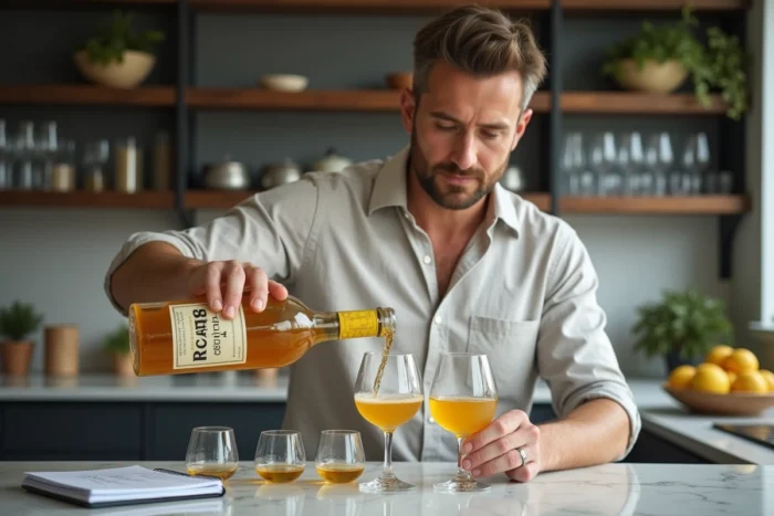Homme versant du Ricard dans un jigger doseur sur plan de travail en marbre pour calculer les doses