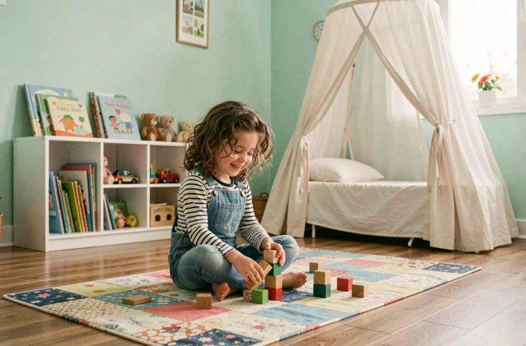 Petite fille jouant dans une chambre d'enfant joliment décorée avec des couleurs pastel et une étagère en bois