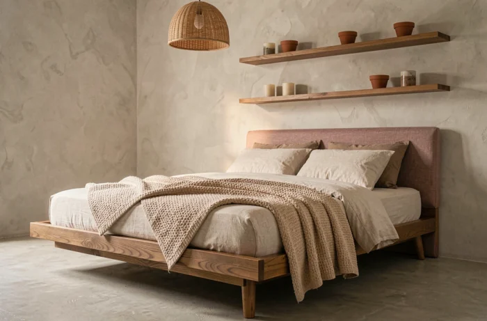 Chambre moderne aux tons chauds avec tête de lit en lin rose et mur en badigeon, tendances déco 2024