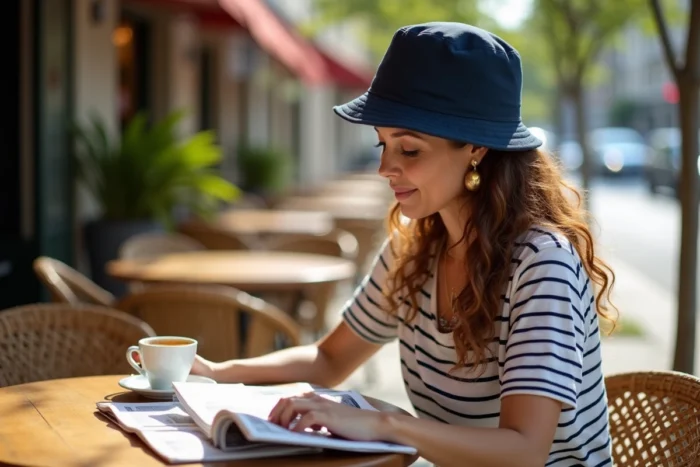 Femme aux cheveux ondulés et bouclés attablée en terrasse de café avec un chapeau bob en toile marine posé à côté de son espresso et de son magazine