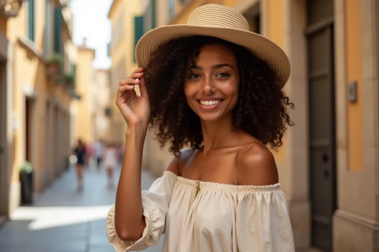 Jeune femme aux cheveux bouclés naturels portant un chapeau à large bord en paille, ajusté pour préserver ses boucles, dans une rue pavée ensoleillée