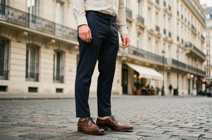 Homme élégant en chaussures Oxford en cuir sur les pavés d'une rue parisienne, tenue raffinée et style responsable