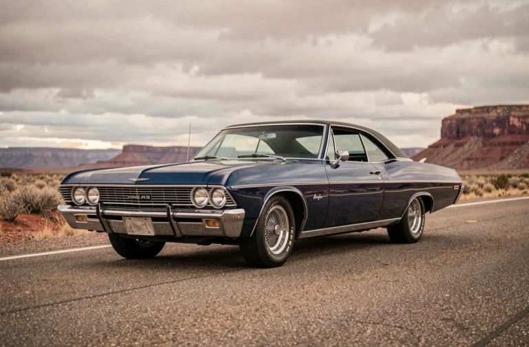 Chevrolet Impala 1967 bleue classique garée sur une route désertique américaine avec formations rocheuses en arrière-plan