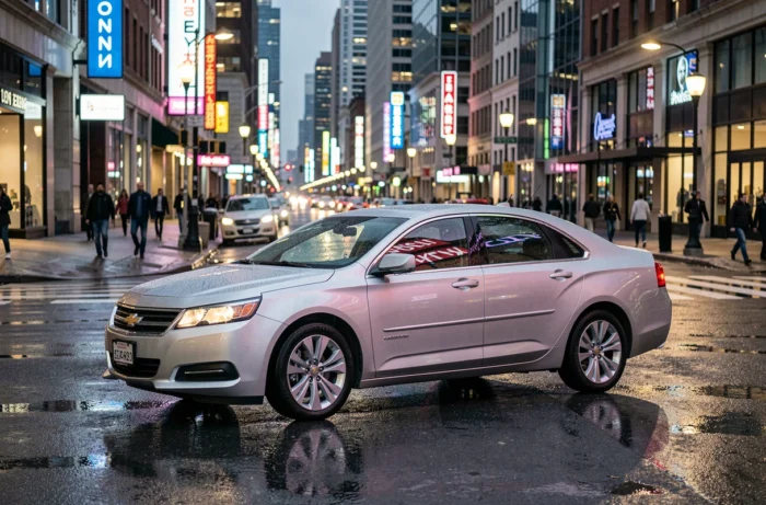 Chevrolet Impala 2014 prateada sob a chuva em uma rua urbana moderna americana ao crepúsculo