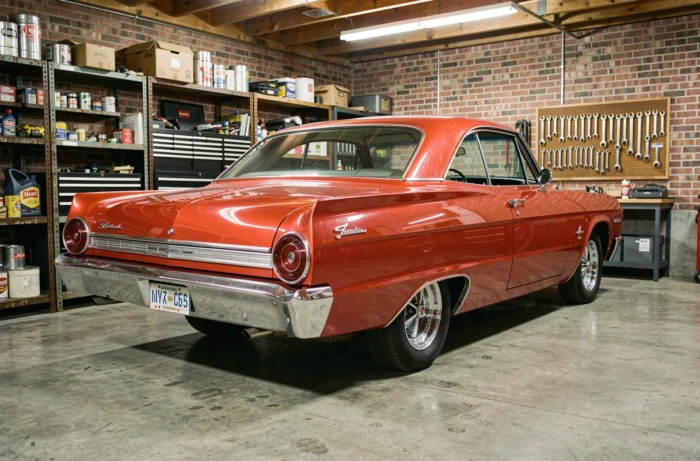 Chevrolet Impala SS 1964 vermelho em um garage americano vintage com ferramentas e decoração da época