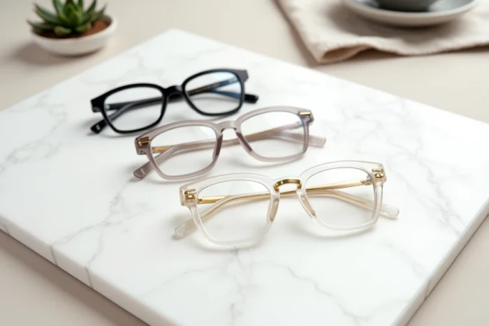 Trois paires de lunettes rectangulaires posées sur une surface en marbre blanc en vue de dessus