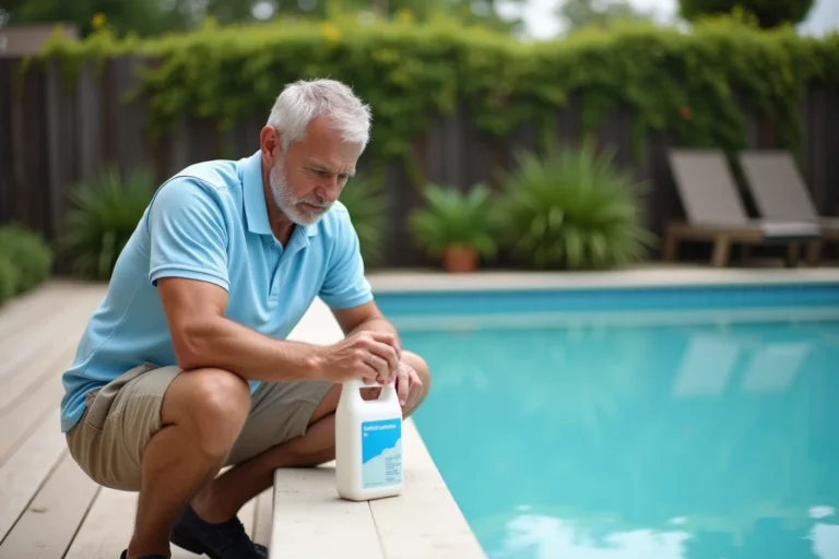 Homme vérifiant la bouteille de clarifiant à côté d'une piscine à l'eau trouble