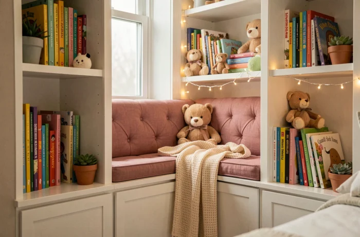 Coin lecture douillet avec étagères intégrées et coussins dans une chambre d'enfant décorée avec goût