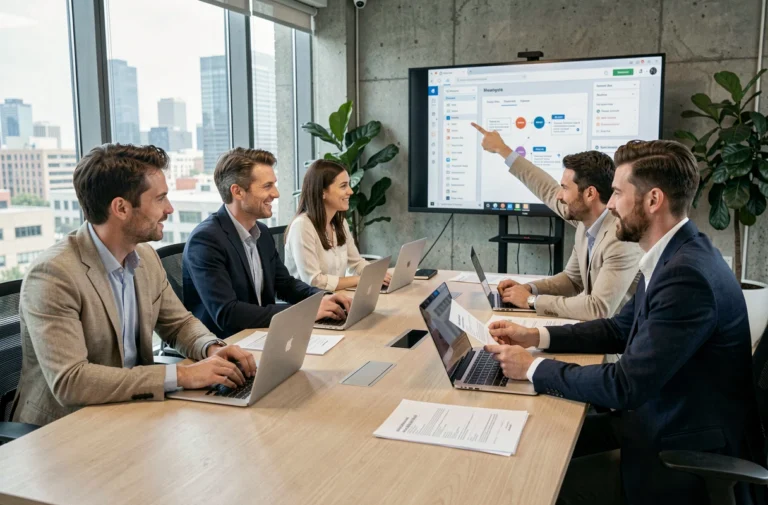 Équipe de professionnels collaborant autour d'une table de conférence avec des outils numériques lors d'un événement d'entreprise