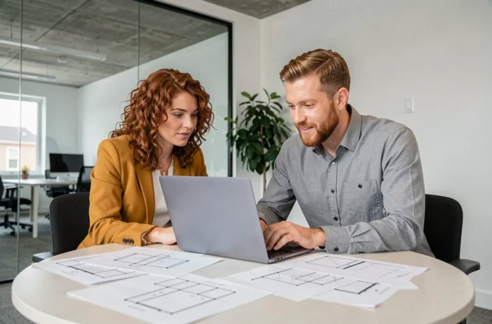 Twee professionals die samenwerken aan de nieuwigheden van het web rond een laptop en prototypes in een moderne vergaderruimte