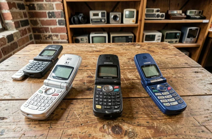 Collection de vieux téléphones à clapet vintage posés sur une table en bois, incluant un Motorola Razr V3, Nokia 8110 et Samsung SGH-E700, dans une boutique d'antiquités