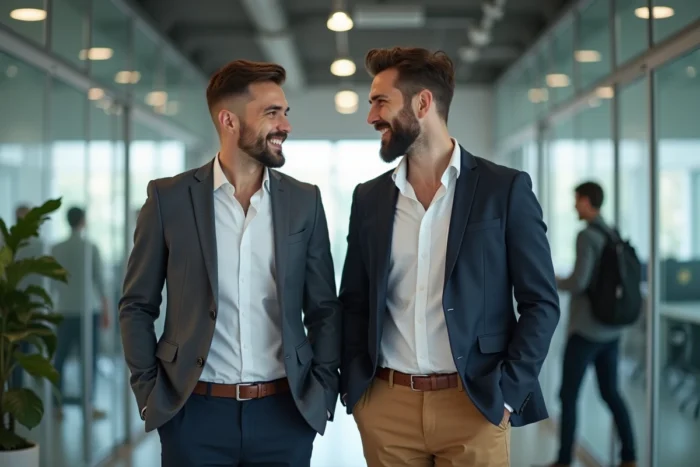 Deux hommes de tailles différentes en discussion dans un bureau moderne illustrant la comparaison de taille chez l'homme