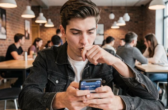 Jeune professionnel utilisant son smartphone pour se connecter à la plateforme Baps Intérim dans un espace de coworking moderne