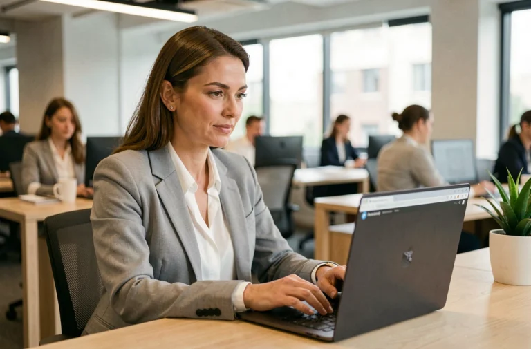 Femme professionnelle se connectant à un espace en ligne de gestion de missions intérimaires sur un ordinateur portable au bureau