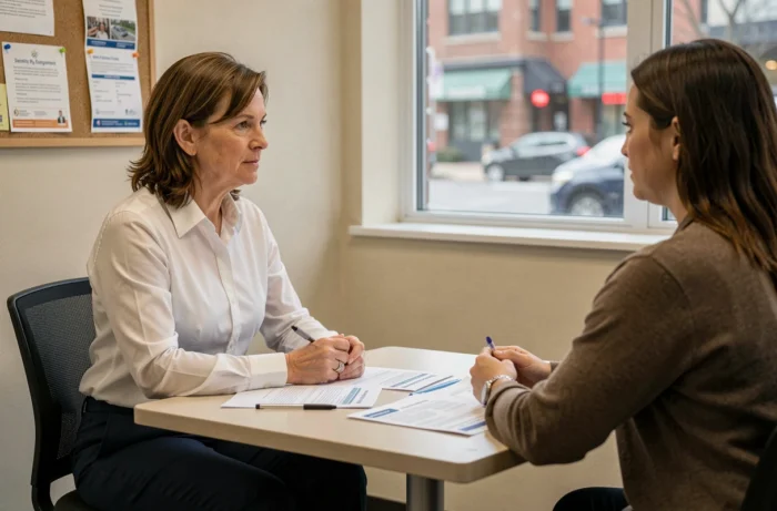 Conseillère Pôle Emploi accompagnant un demandeur d'emploi dans ses démarches de financement du DAEU