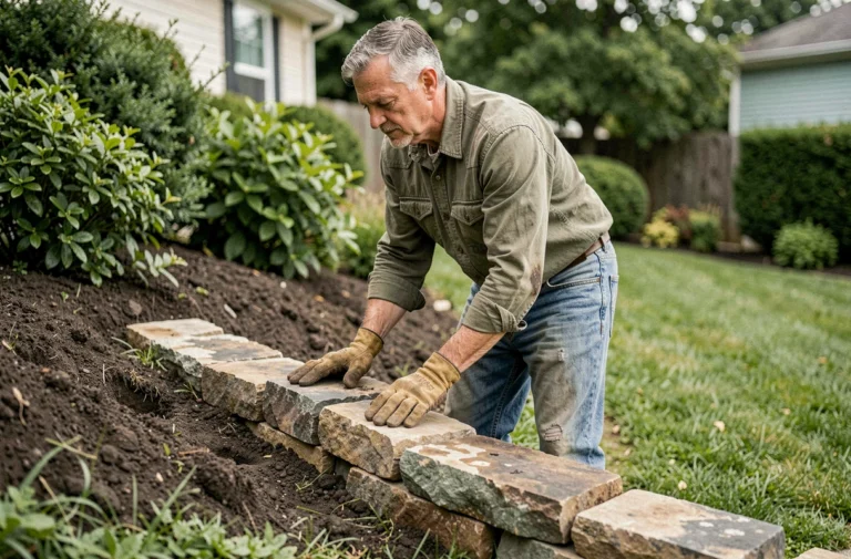 Homme construisant une retenue de terre en pierres naturelles dans un jardin en pente