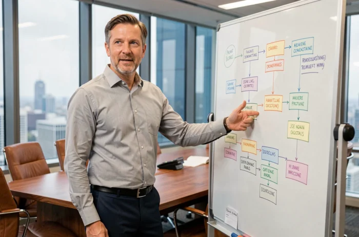 HR-consultant die een organigram van geoptimaliseerd personeelsbeheer presenteert tijdens een bedrijfsvergadering