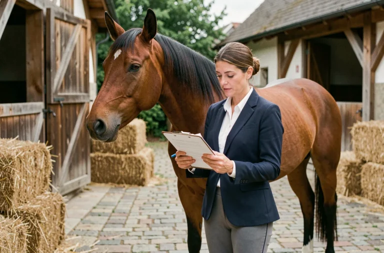 Consultante professionnelle en équitation examinant des documents auprès d'un cheval de sport dans une écurie professionnelle
