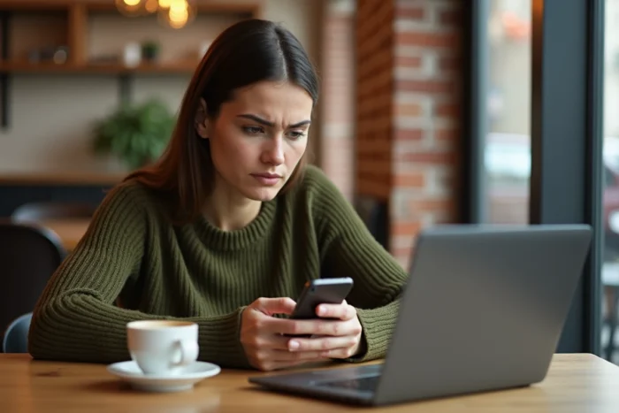 Jeune femme contactant le service client Blablacar Bus depuis son smartphone dans un café